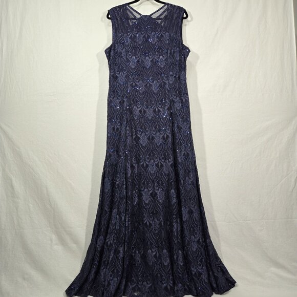 R & M Richards Mother Of The Bride BLUE Sequined Lace Sheer Formal Dress Size 16 - Picture 1 of 17